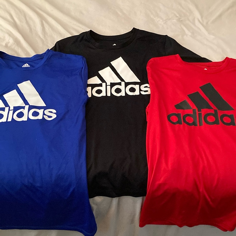 Sold as a set. 3 Adidas Red,Blue and black Short Sleeve Tees